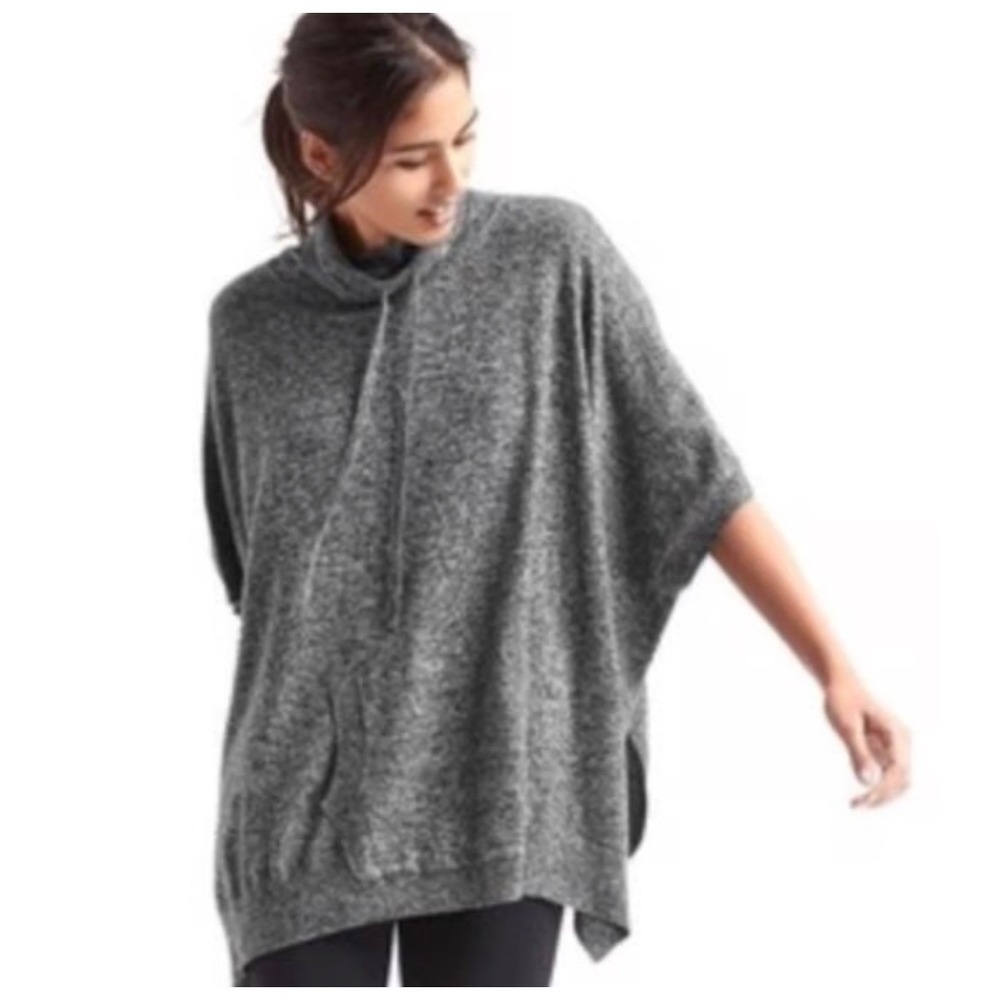 Oversized Charcoal Heather Knit Cowl Neck Poncho Sweater with Kangaroo Pocket